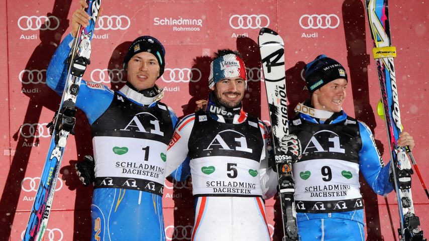 Andre Myhrer, Jean-Baptiste Grange und Mattias Hargin jubeln beim Nachtslalom in Schladming 2011