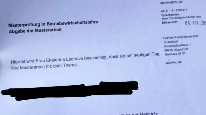 Ekaterina Leonovas Bescheinigung zur Abgabe ihrer Masterarbeit
