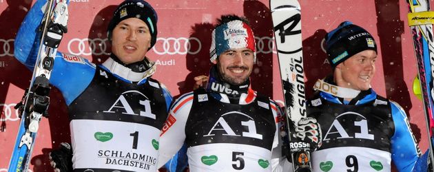 Andre Myhrer, Jean-Baptiste Grange und Mattias Hargin jubeln beim Nachtslalom in Schladming 2011 Andre Myhrer, Jean-Baptiste Grange und Mattias Hargin jubeln beim Nachtslalom in Schladming 2011
