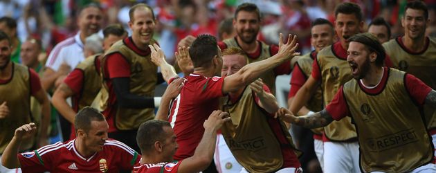 Ungarische Mannschaft beim Spiel Ungarn gegen Portugal bei der EM 2016 in Lyon Ungarische Mannschaft beim Spiel Ungarn gegen Portugal bei der EM 2016 in Lyon